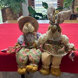 Pair of Plush Floral Sitting Bunny Dolls 16"  - Spring Cottage Style